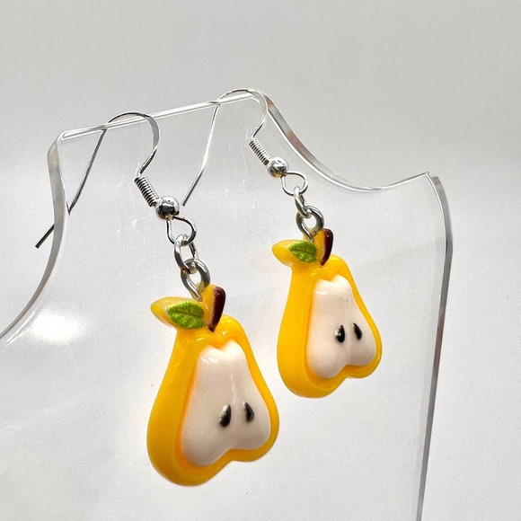 Chunky Pear Slice Fruit Earrings - Yellow and White - Picture 2 of 10